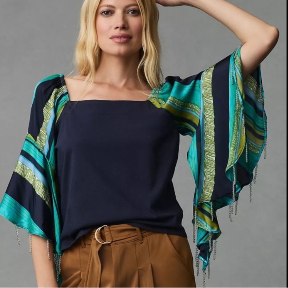 Anthropologie TINY Blue Green Beaded Bell Sleeve Top - Picture 15 of 15